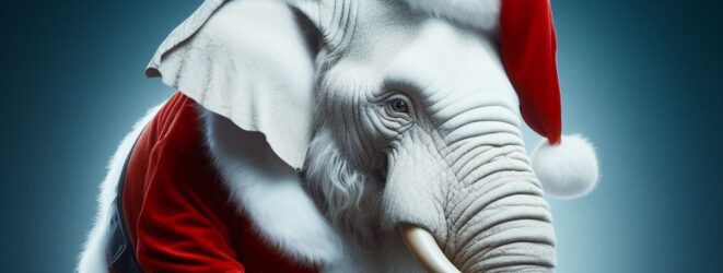 White Elephant dressed as Santa Claus